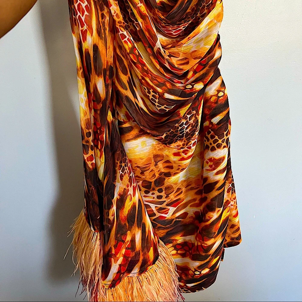 BRONX AND BANCO
Fire-Print One-Shoulder Feather-Cuff Mini Dress - Picture 4 of 9